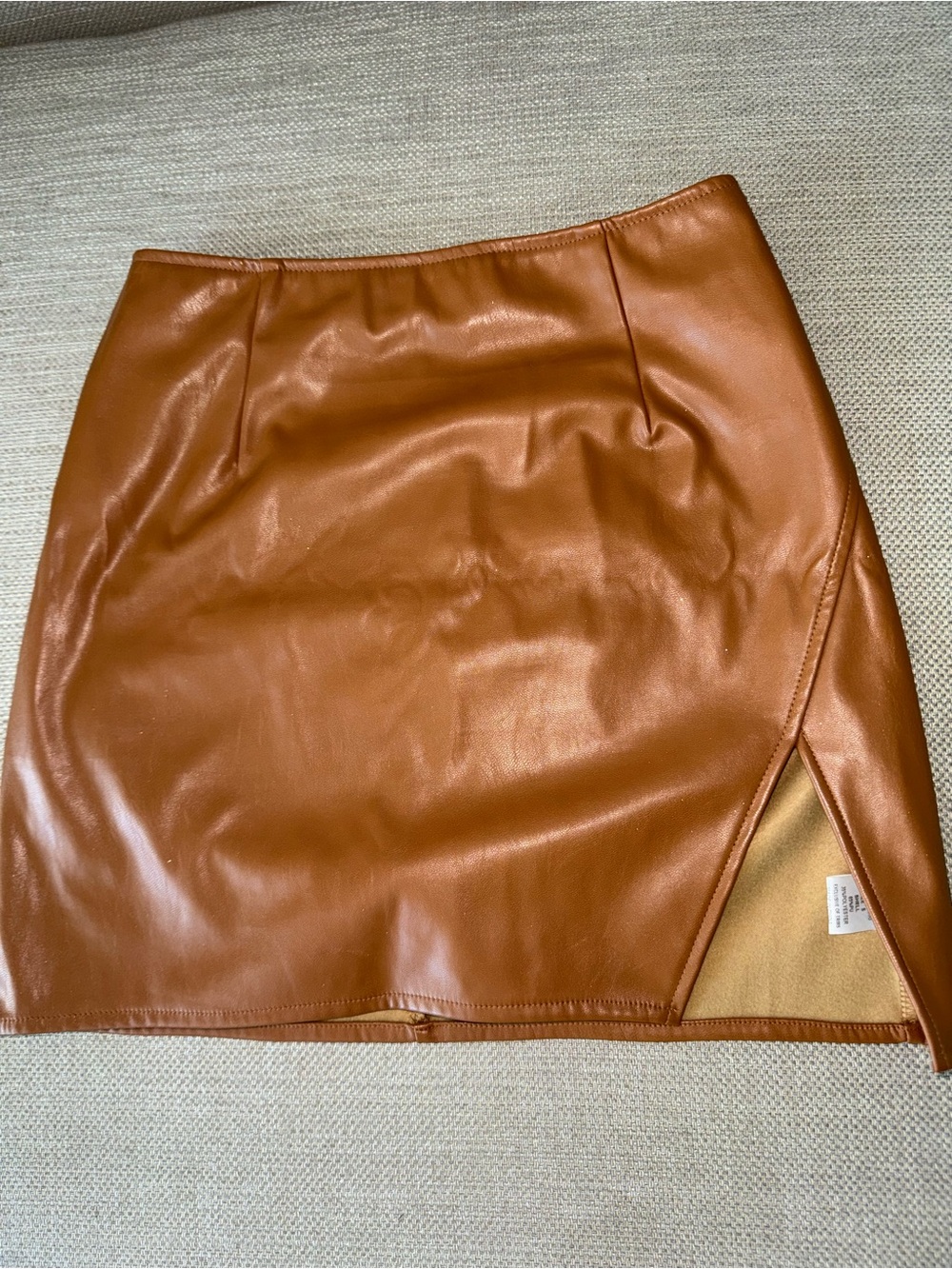 Faux Leather Mini Skirt in Cognac with Front Slit